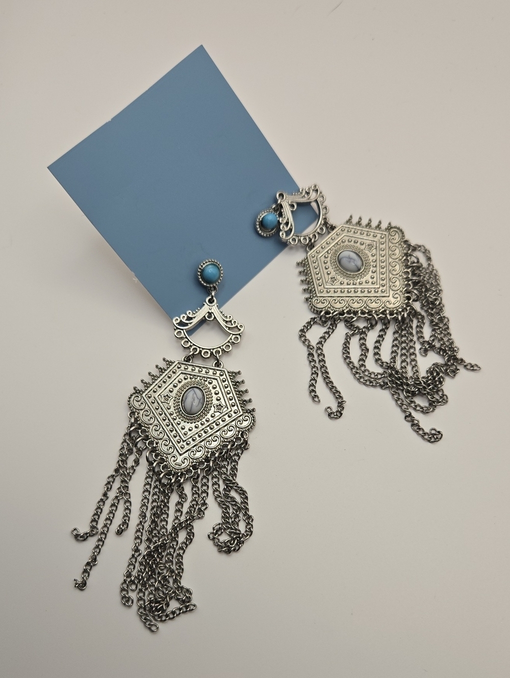 Vintage Silver Filigree Chandelier Earrings with Fuax Turquoise Studs - Picture 8 of 15